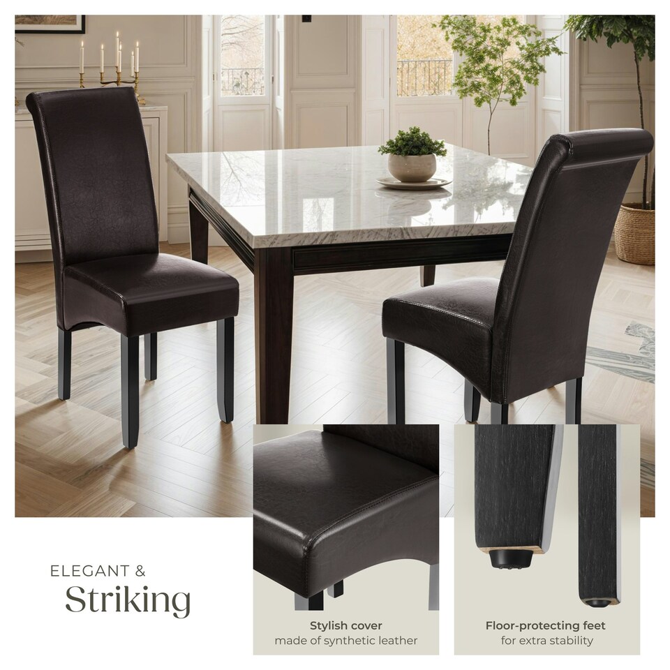 image 1 of Dining Chair - ergonomic seat shape, high backrest, padded, faux leather - Set of 4 Brown