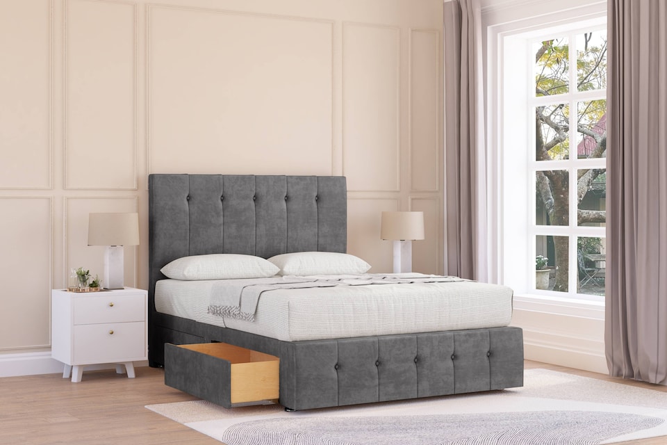 image 1 of Sloomy Cambridge Steel Plush Divan Bed With Mattress 2 Drawers Left Side With 54" Floor Standing Headboard & 12" Matching Footboard 5' King | Grey | Steel | King | 1