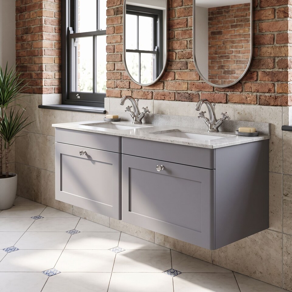 image 1 of Balterley Swynnerton Traditional 2 Drawer Wall Hung Vanity Unit with Double Marble Basin, Satin Grey, 1200mm