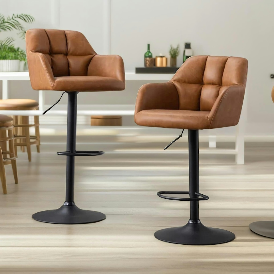 image 1 of 2PC Height Adjustable 360 PU Leather Swivel Barstools Set With Armrest Brown Brown