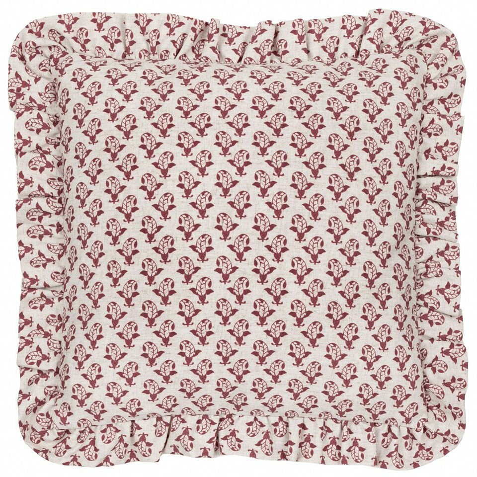 image 1 of furn. Lulah Block Printed Ruffle Linen/Red Filled Cushion 45 x 45cm Multi