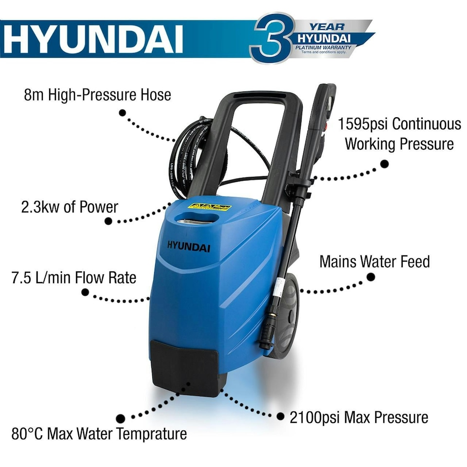 image 1 of Hyundai 2100psi 145bar Hot Pressure Washer, 80°C 2.3kW Power Jet Washer HY145HPW-1