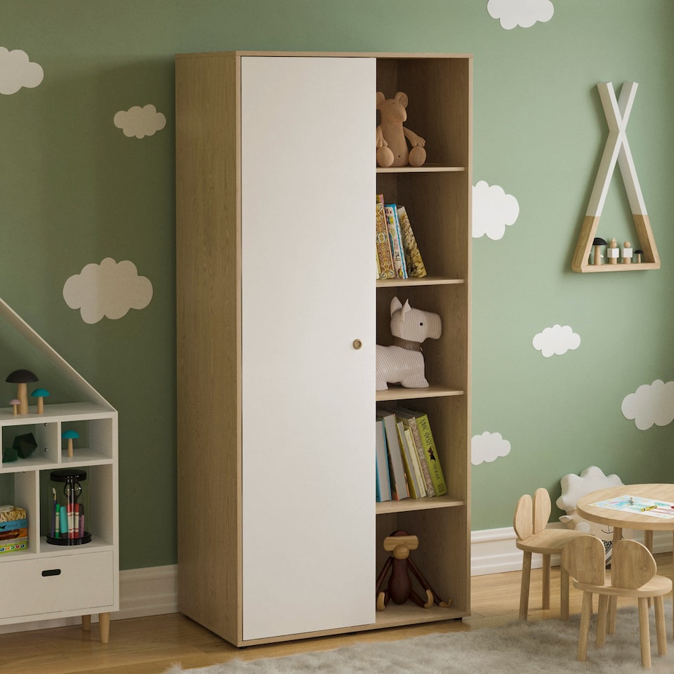 image 1 of Junior Vida Neptune 1 Door Wardrobe 5 Shelves & Clothes Rail, White & Oak