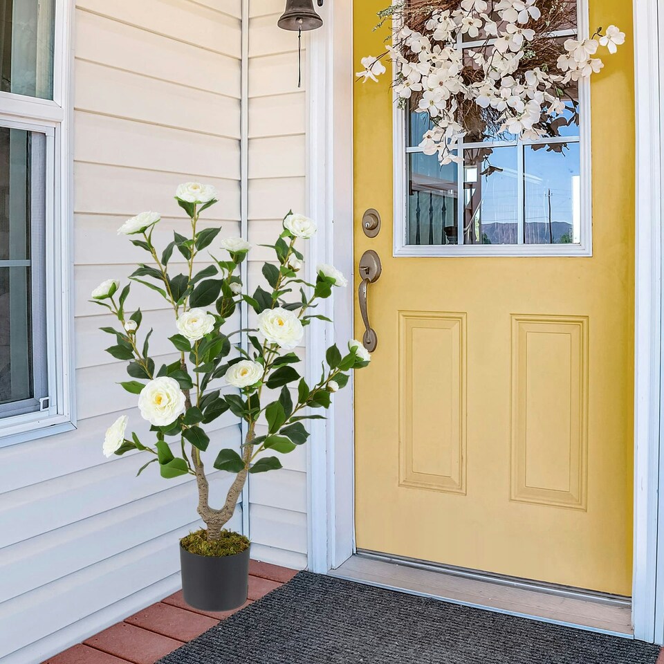 image 1 of COSTWAY 90CM Artificial Camellia Tree Faux Flower Plant White | One Size