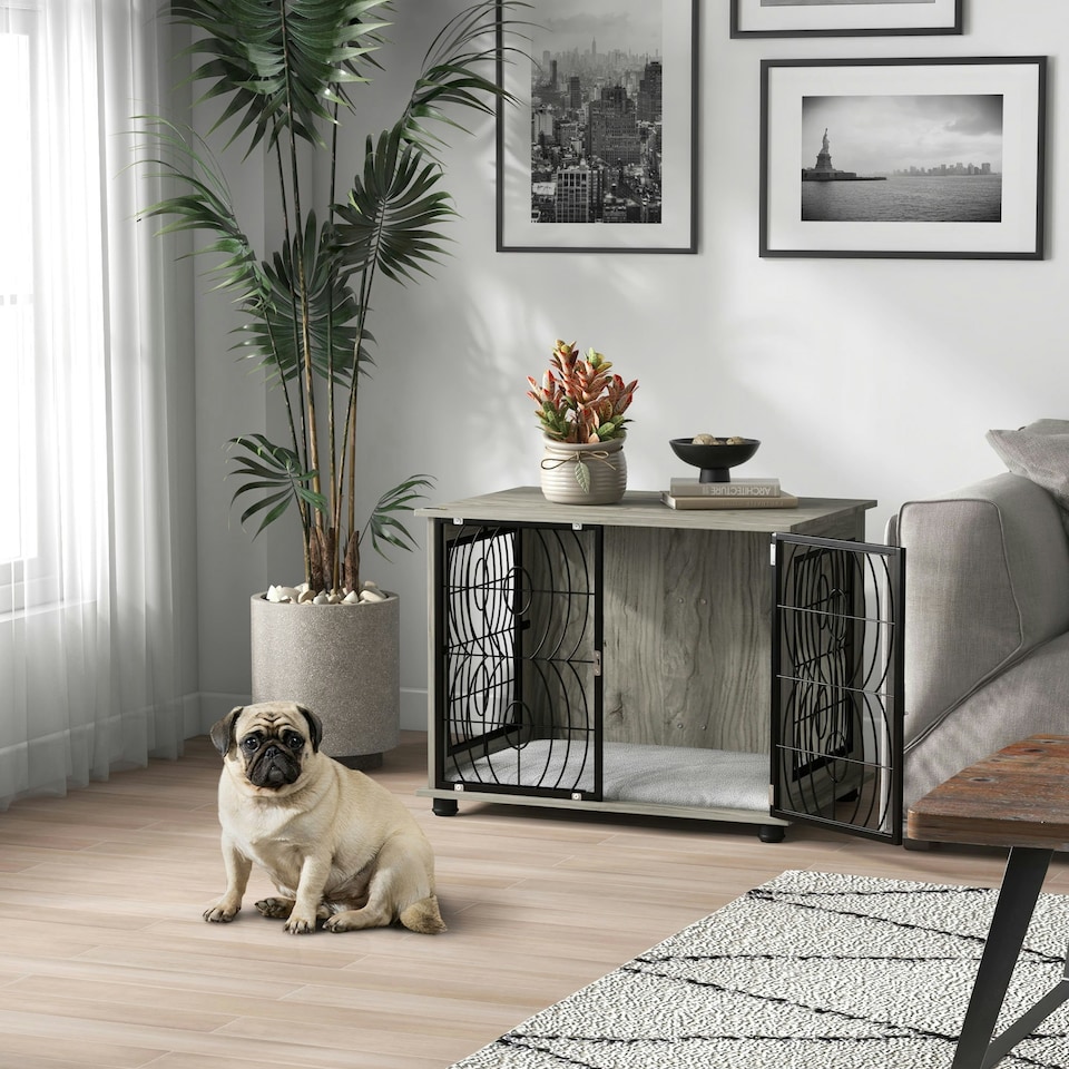 image 1 of PawHut Dog Crate Furniture End Table w/ Cushion for Medium Dogs
