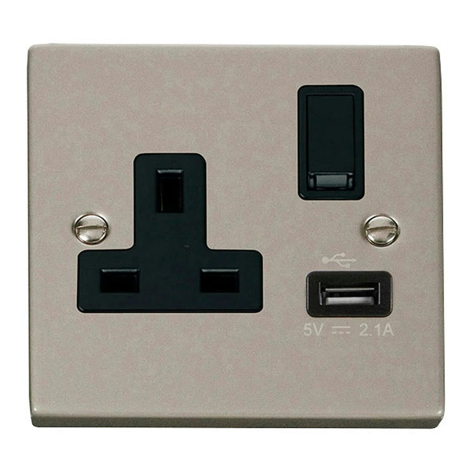 SE HOME Pearl Nickel 1 Gang 13A DP 1 USB Switched Plug Socket Black | Pearl Nickel