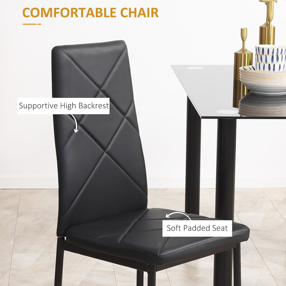 image 1 of HOMCOM Dining Table and Chairs Set 4, Space-Saving Kitchen Table and Chairs Set 4 with Faux Leather Padded Seat and Tempered Glass Top, Dining Room Sets, Black