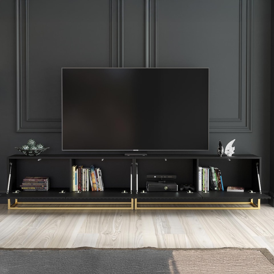 image 1 of TV Stand TV Unit Modular Media Cabinet Storage Cabinet Black Fluted Gold Legs 200cm
