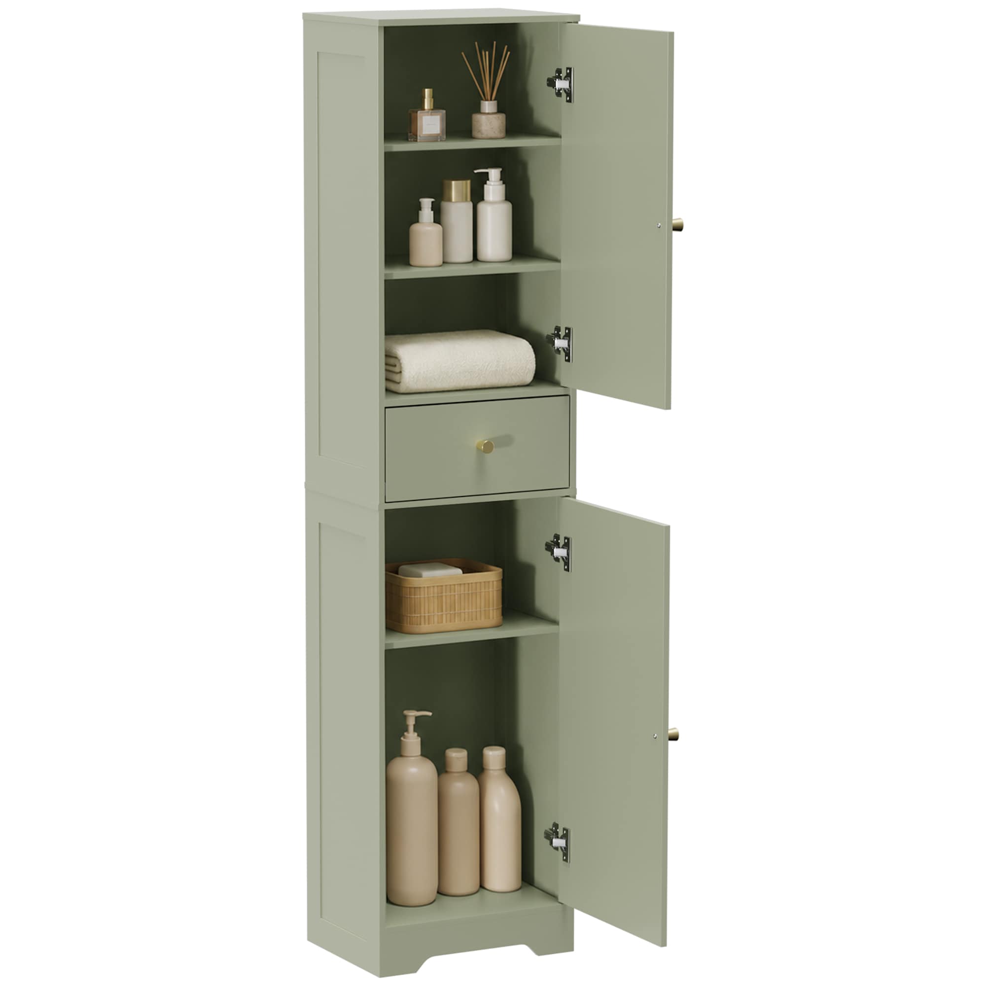 HOMCOM Tall Bathroom Storage Cabinet with Arch Doors and Drawer Light Green, Green