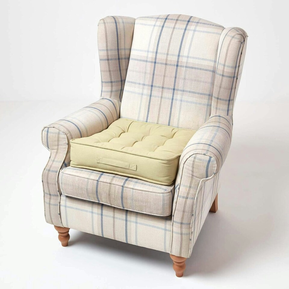image 1 of Homescapes Sage Green Cotton Armchair Booster Cushion Green