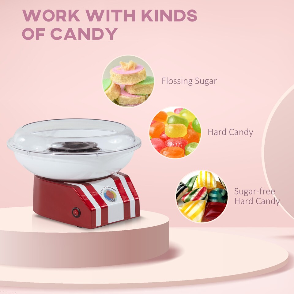 image 1 of HOMCOM Candy Floss Machine for Kids & Adults, 550W  Retro Cotton Maker for Sugar or Candies,  Including 10 Candyfloss Sticks, Non-Slip Base, Red & White