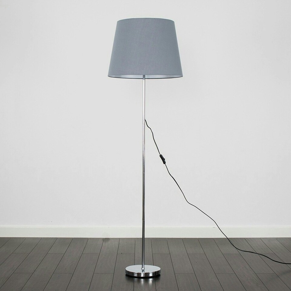 image 1 of ValueLights Charlie Chrome Floor Lamp XL Grey Taper Shade & Bulb