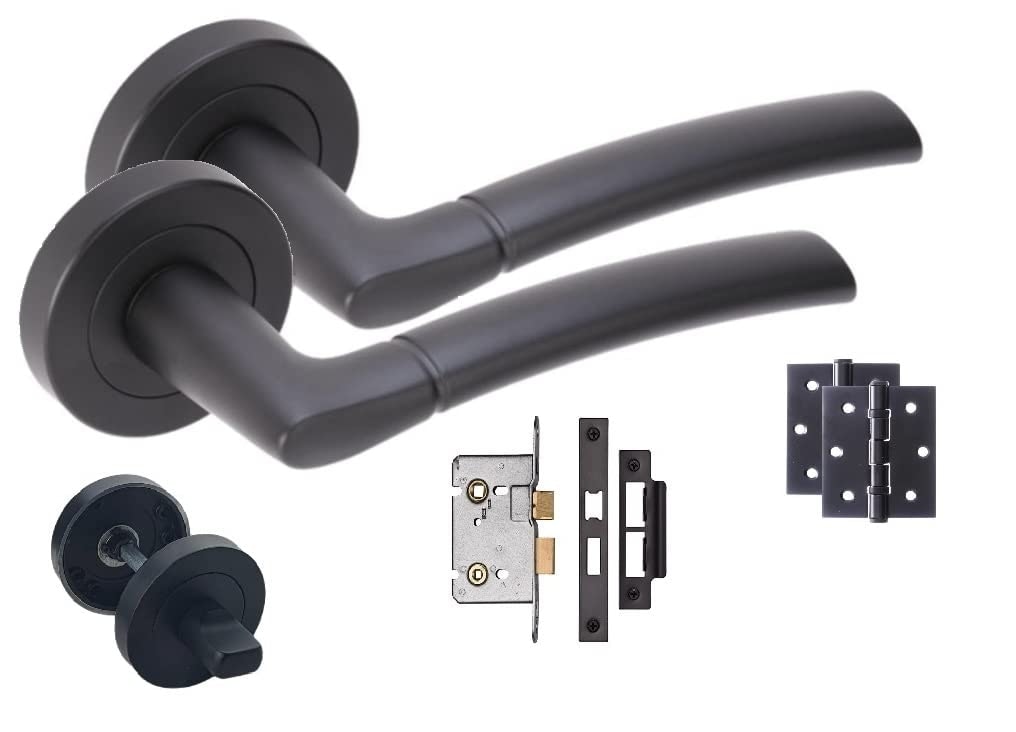 Golden Grace Indiana Style Modern Bathroom Door Handles Lever Latch on Round Rose in Matt Black Finish with Latches and Ball Bearing Hinges Black 1 Se