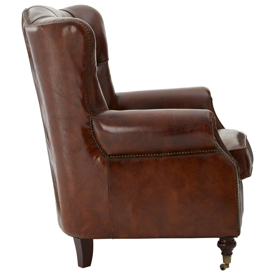 image 1 of Brown Leather Scroll Armchair, Lounge Chair With Quilted Backrest,Walnut Wooden Chair With Stud Details Brown