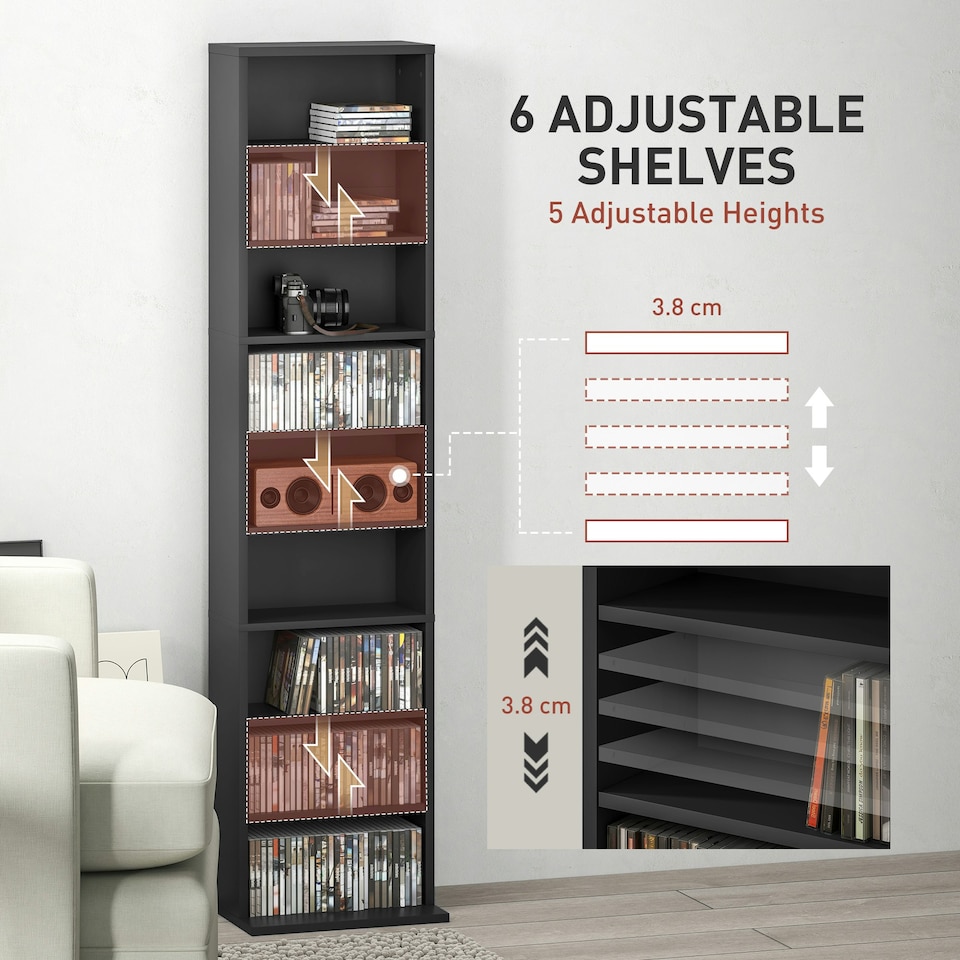 image 1 of HOMCOM 260 CD Storage Unit 120 DVD Storage Tower with 9 Compartments Black Grey | 33W x 24D x 140H cm