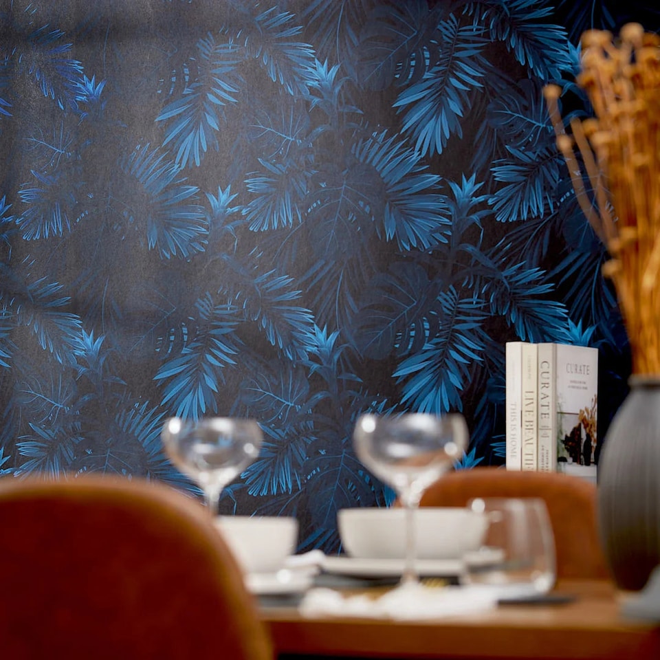image 1 of Midnight Tropics Wallpaper in Navy | Blue | Navy