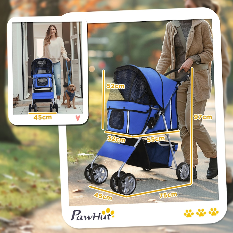 image 1 of PawHut Pet Stroller Carrier Foldable Deluxe Jogger Walk Travel Dog Cat Blue