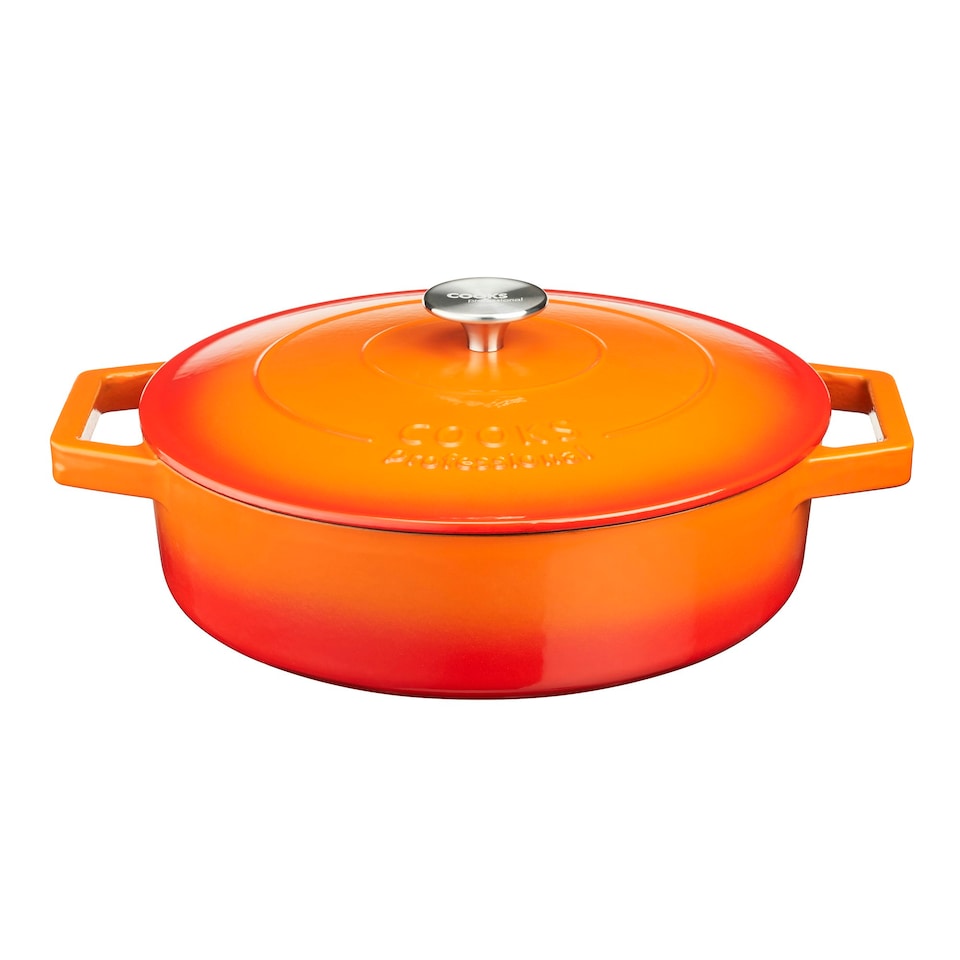 image 1 of Cooks Professional Cast Iron Casserole 28cm Shallow | 4.3L Capacity | Enamelled Inside & Out | Graduated Orange