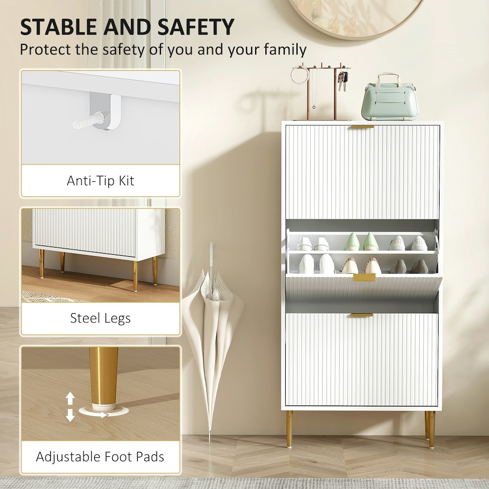 image 1 of HOMCOM Slim Shoe Storage Cabinet with 3 Flip Drawers for Hallway White | Gold | 60W x 24D x 128H cm