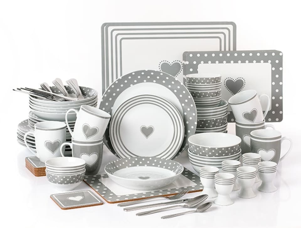 image 1 of 56pc Grey Heart Dinner Set