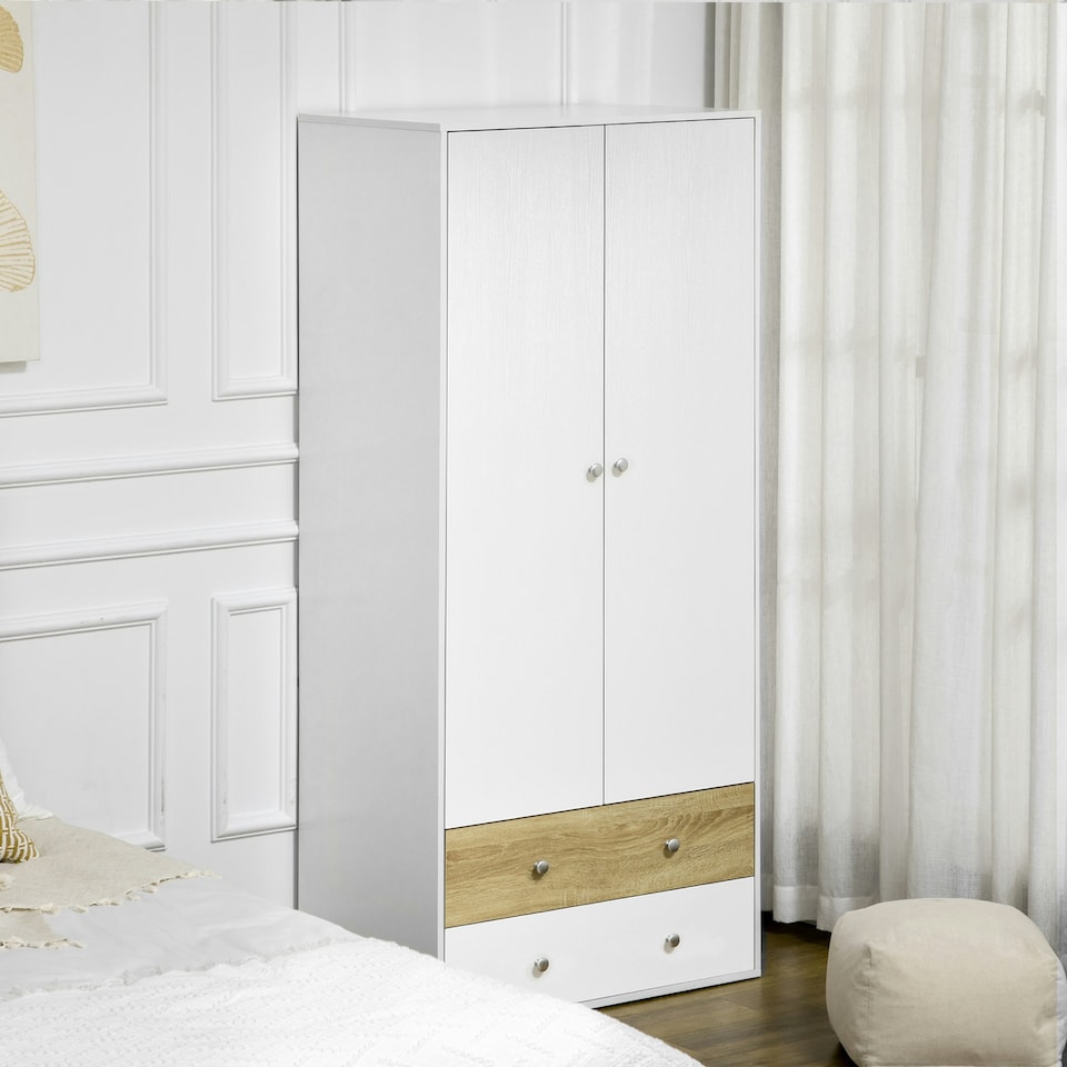 image 1 of HOMCOM 2 Door Wardrobe White Wardrobe with Drawers and Hanging Rod for Bedroom