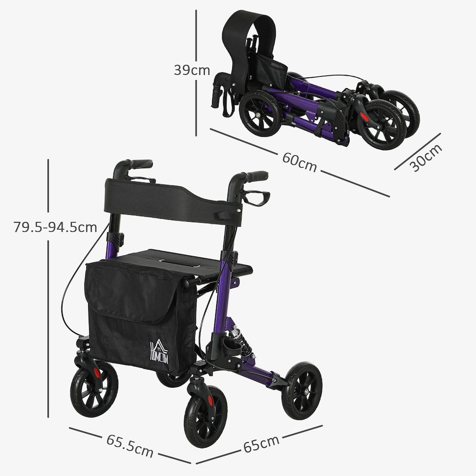 image 1 of HOMCOM Folding Rollator Walker with Seat, Backrest, Lightweight Walking Frame with Storage Bag, Dual Brakes, Adjustable Handle Height, Suspension System, 4 Wheeled Walker for Seniors, Purple