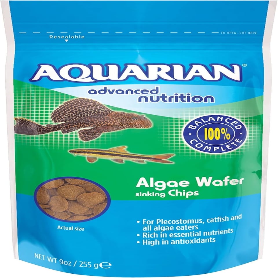 image 1 of AQUARIAN Complete Nutrition, Aquarium Algae Eater Fish Food, Sinking Algae Wafers, 255g Bag