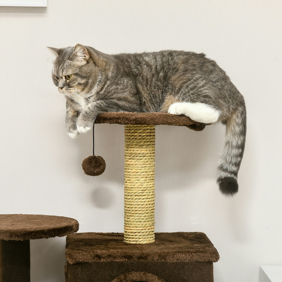 image 1 of PawHut 136cm Cat Tower with Scratching Posts Hammock Cat House Plush, Brown