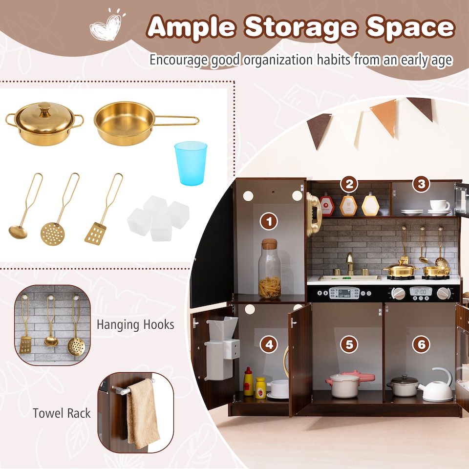 image 1 of COSTWAY Wooden Play Kitchen Kids Pretend Play Toy w/Microwave Ice Make-Brown