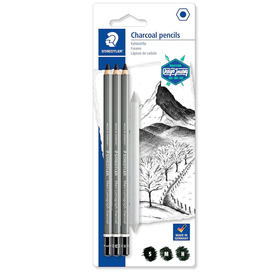 image 1 of STAEDTLER Mars Lumograph Journey Design Charcoal 3 Graphite Pencils and 1 Blending Stump