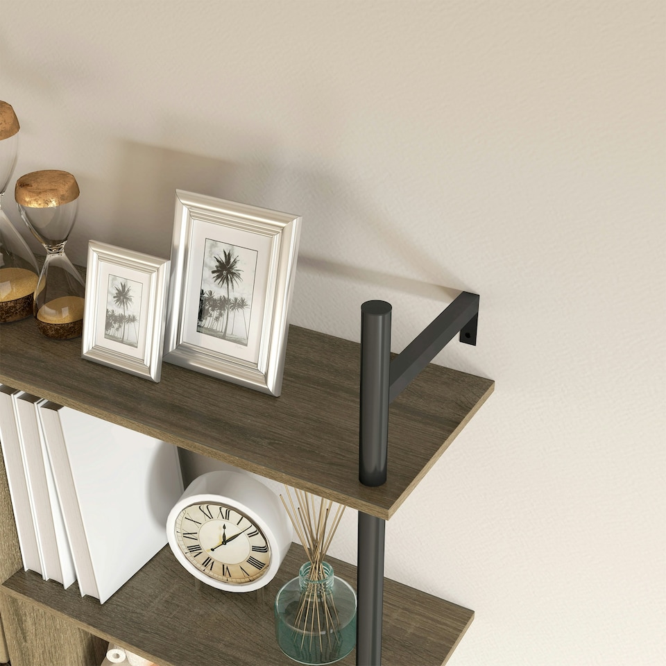 image 1 of HOMCOM Wall Shelf Unit with 4 Hooks for Living Room Grey Wood Effect