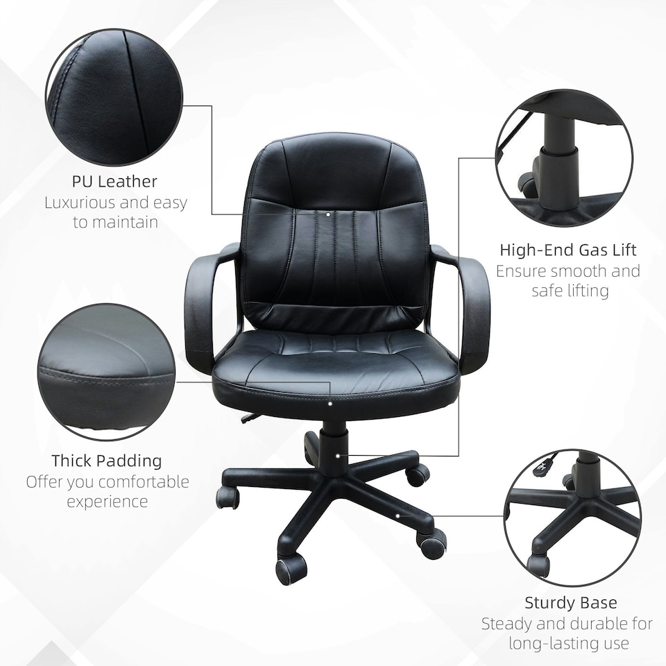 image 1 of HOMCOM PU Leather Office Chair Swivel Mid-Back Computer Desk Chair, Black