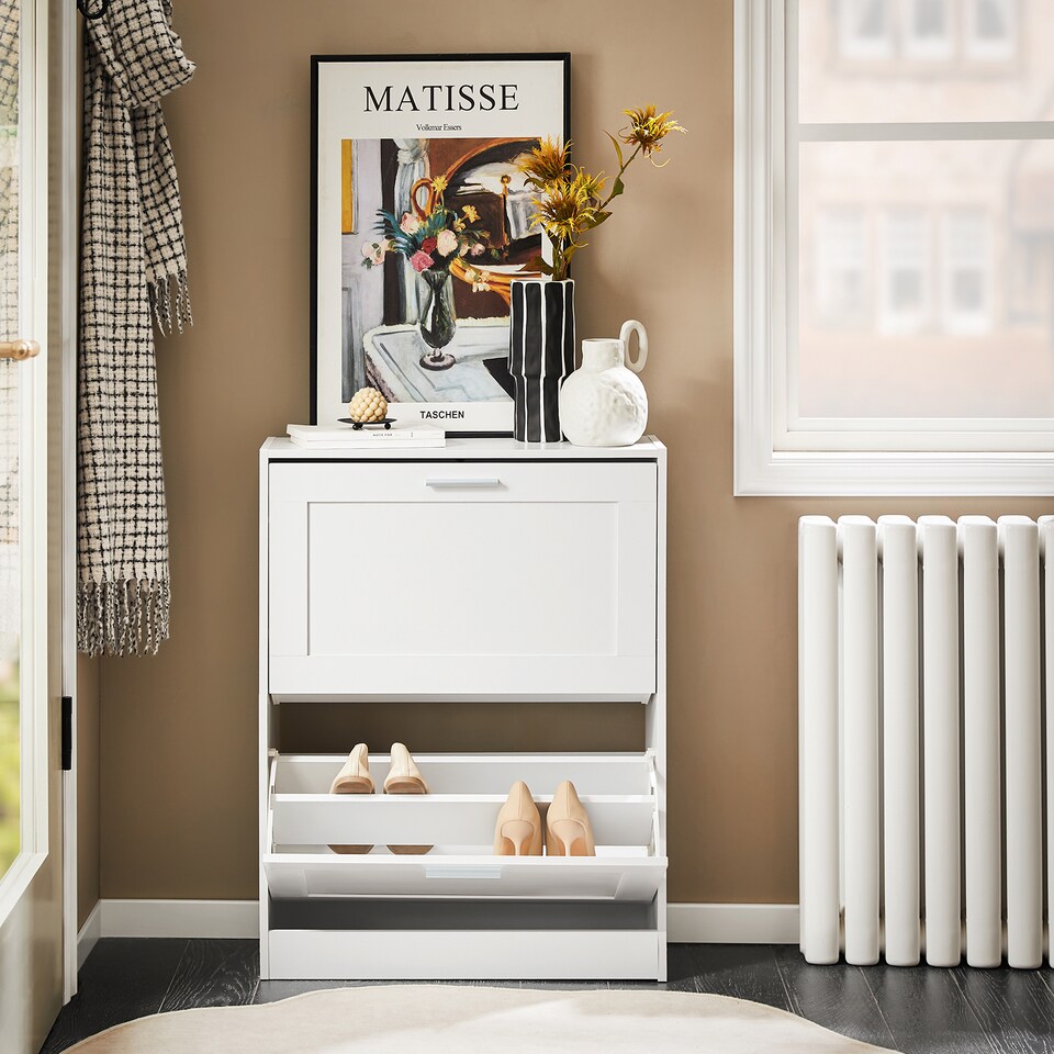 image 1 of SoBuy Narrow 2 Flip-Door Shoe Cabinet, White, 23.6x9.8x31.5 inches, 12.22 kg - FSR137-W