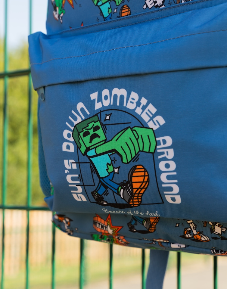 image 1 of Minecraft Zombie Backpack | Blue Zip-up Bag for Unisex Kids | Carry Books Back to School | Creeper & Zombie Design | Gaming Themed Merchandise | Minecraft Merch | Blue | Blue