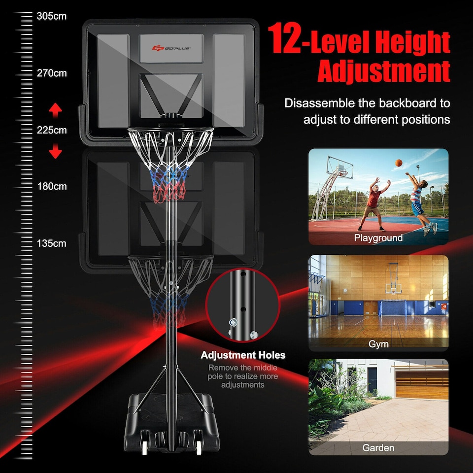 image 1 of COSTWAY Basketball Hoop Backboard Height Adjustable 1.35-3.05m Black | Standard