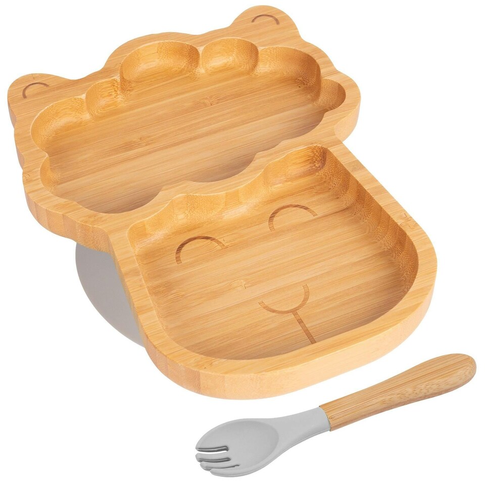 image 1 of Tiny Dining Bamboo Llama Baby Weaning Plate & Fork Set - Grey