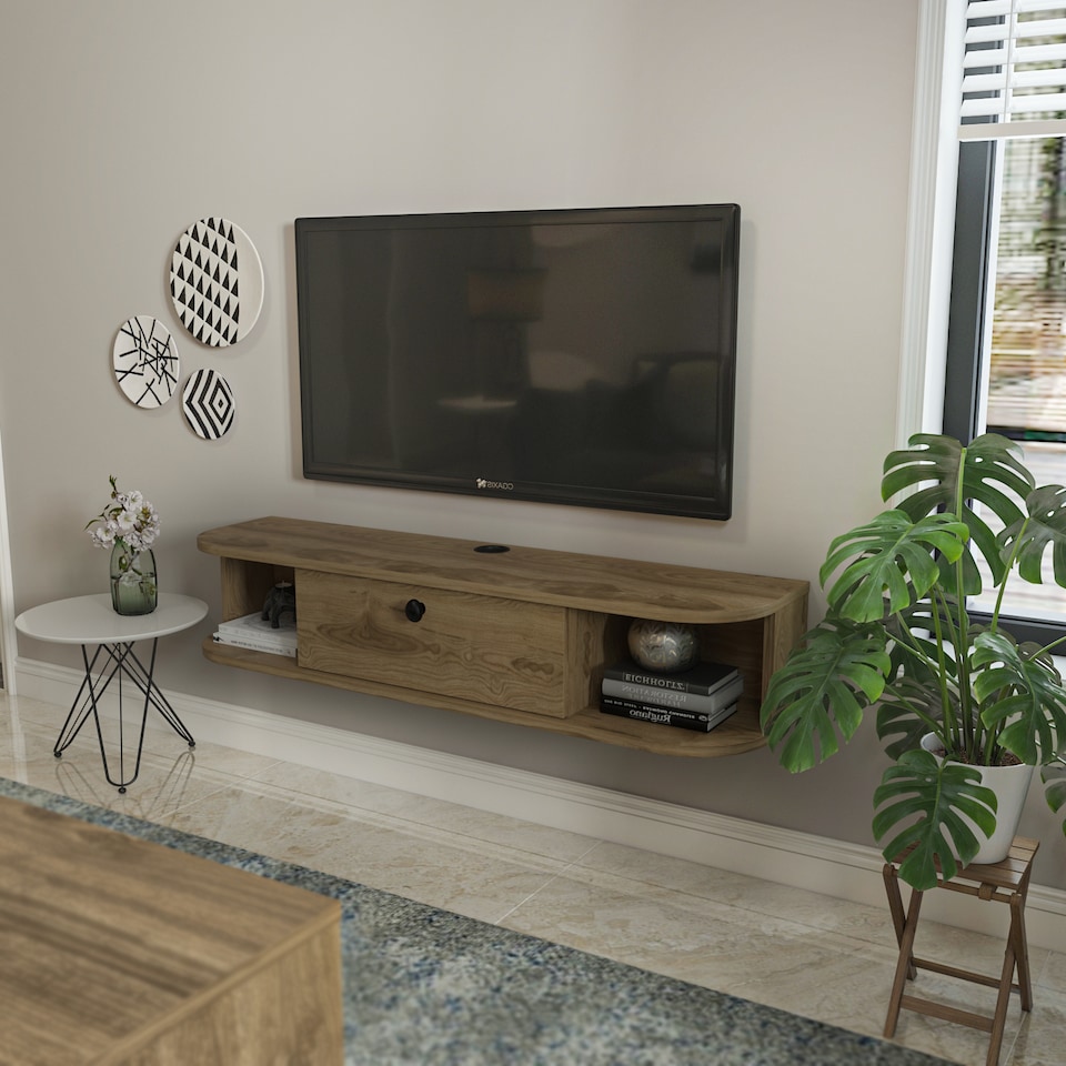 image 1 of Decorotika Ibarra Floating  TV Unit for TV's up to 55 inches Dropdown Cabinet and Open Shelves
