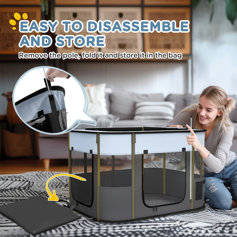 image 1 of PawHut Portable Dog Pen for Puppies, Rabbits, Kittens, Guinea Pigs - Grey