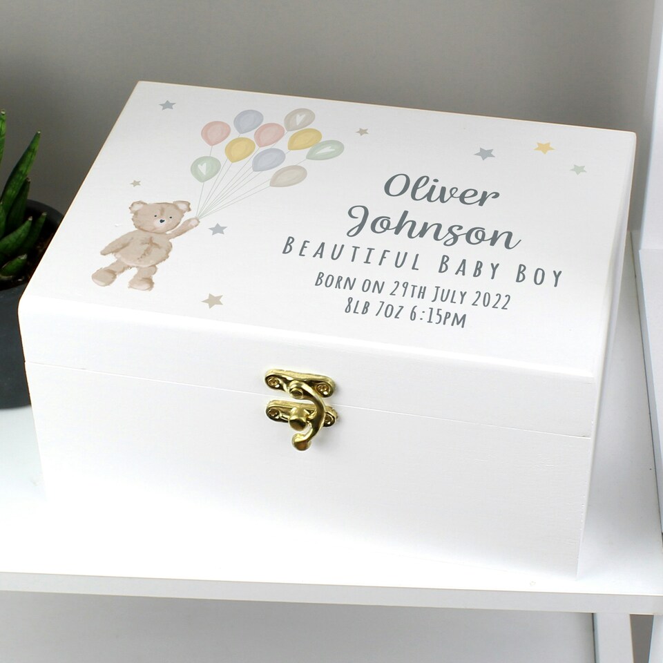 image 1 of Personalised Teddy & Balloons White Wooden Keepsake Box White