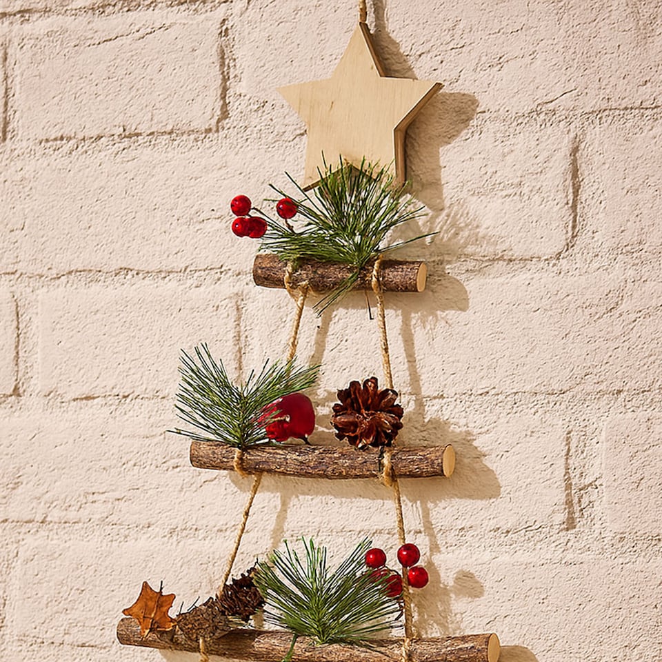 image 1 of Neo Wooden Hanging Wall Xmas Christmas Tree Ladder Decoration Rustic Nordic Hygge Style with Pine Cones Red Berries Jute Rope Wall Mounted Décor