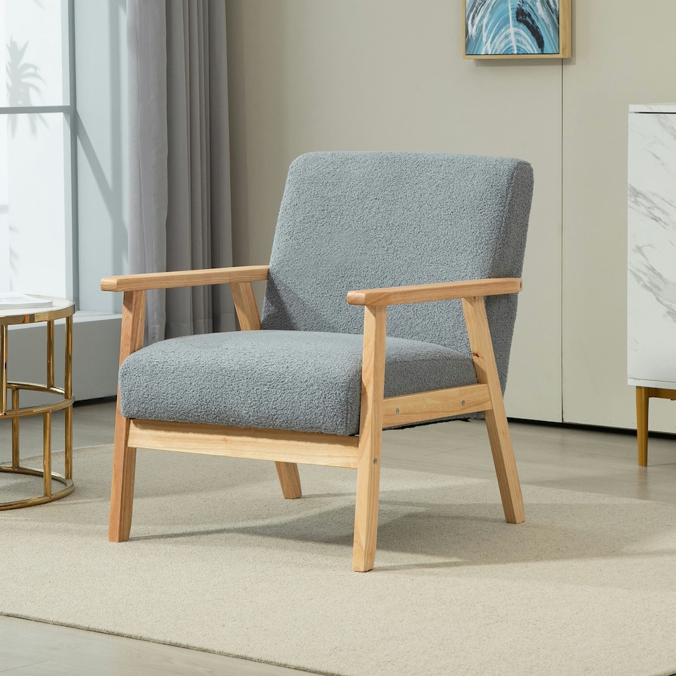 image 1 of HOMCOM Accent Chair with Wood Frame Wide Seat Cashmere Armchair Grey