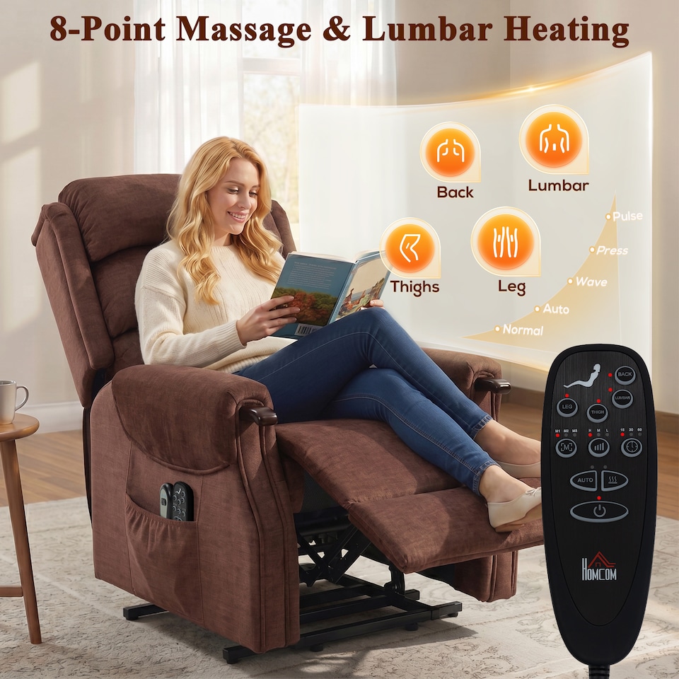 image 1 of HOMCOM Power Lift Recliner Chair with Vibration and Heat, Wood Grip