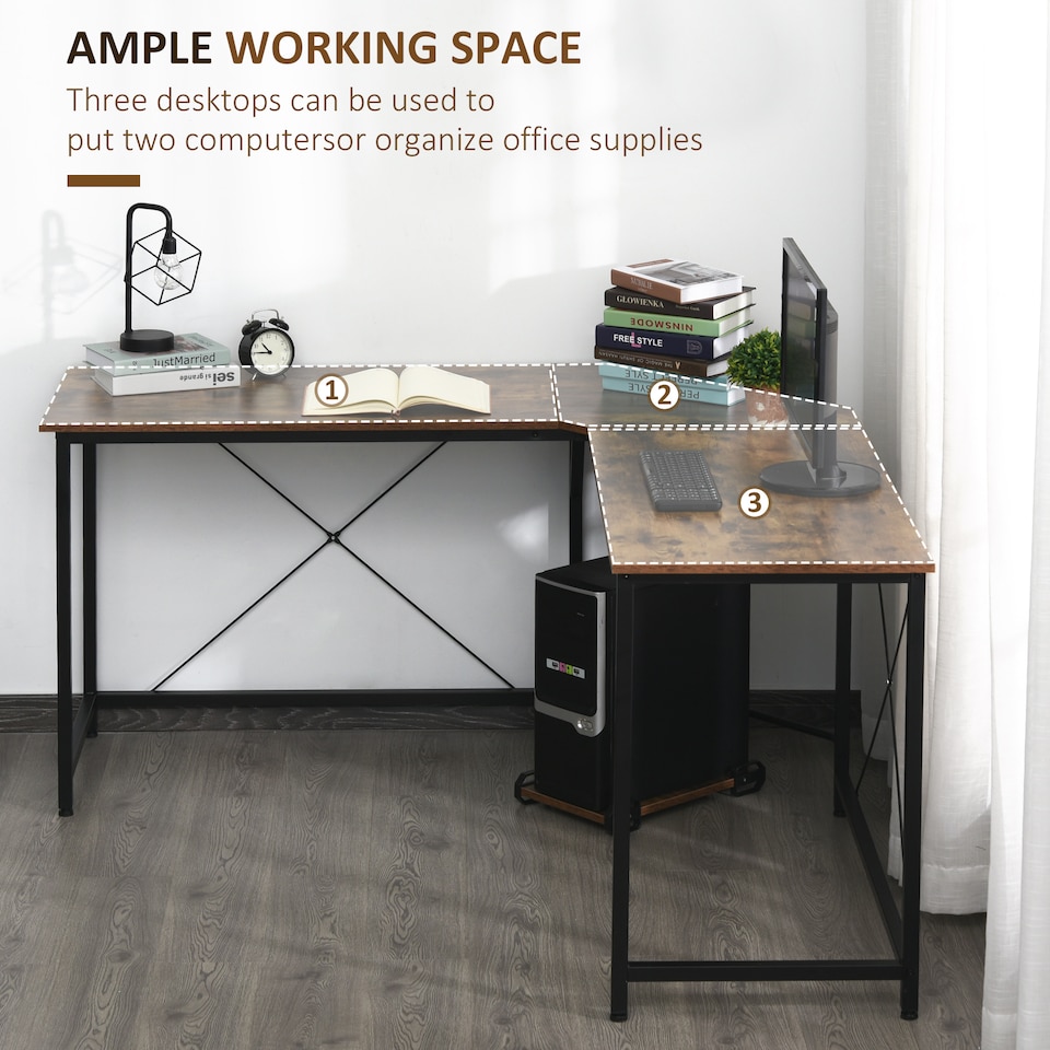 image 1 of HOMCOM L-Shaped Desk, Gaming Desk, 150 x 150 x 75 cm, Corner Computer Desk for Study, Home Office, Bedroom, Rustic Brown