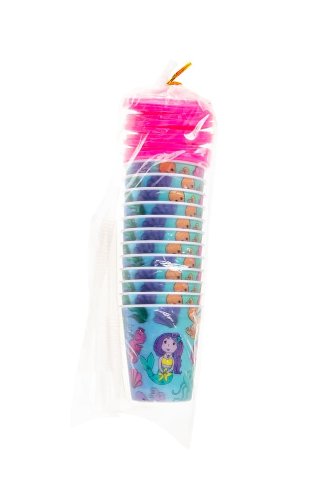 image 1 of Pack of 12 Mermaid 3D Cups With Straw and Lid