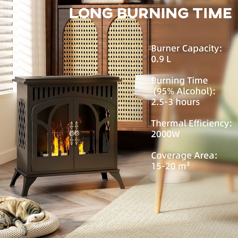 image 1 of HOMCOM Bio Ethanol Fireplace Stove, Freestanding Bioethanol Fire, Indoor Ventless Ethanol Burner with 0.9 Litres Volume, Door, Extinguisher, Steel, Tempered Glass Panel, Burns 3 Hours, 22 Inch, Black