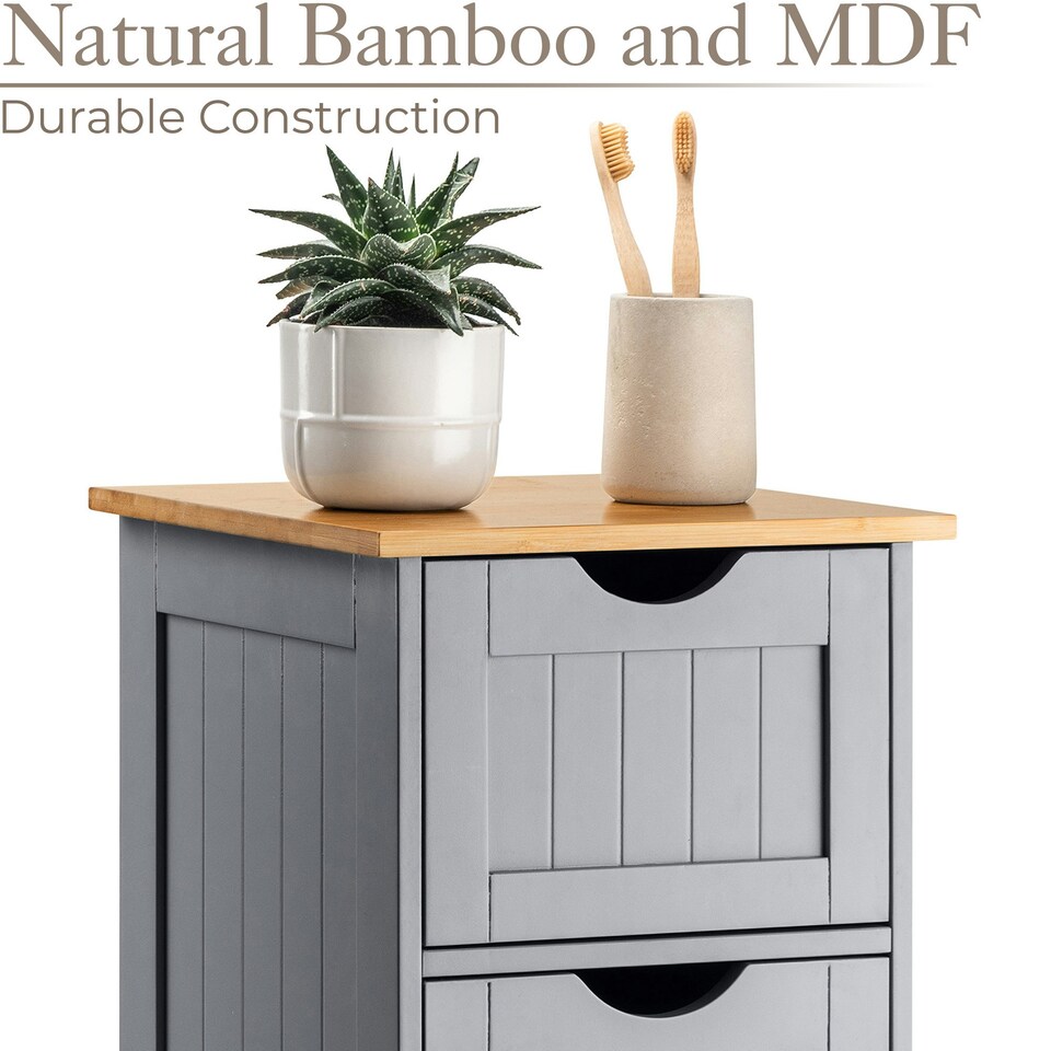 image 1 of Christow Grey Bathroom Drawer Unit Floor Storage Cabinet With Bamboo Top
