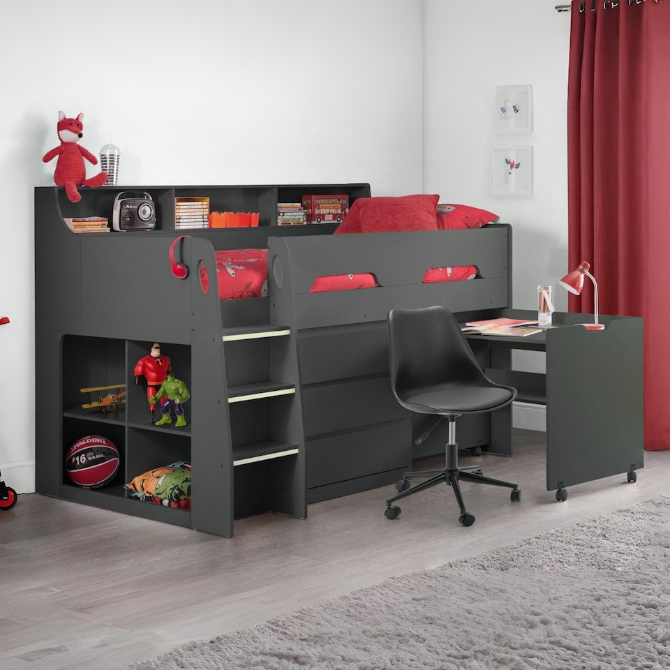 image 1 of Jupiter Mid Sleeper with Pull-Out Desk and Storage - Anthracite, Single