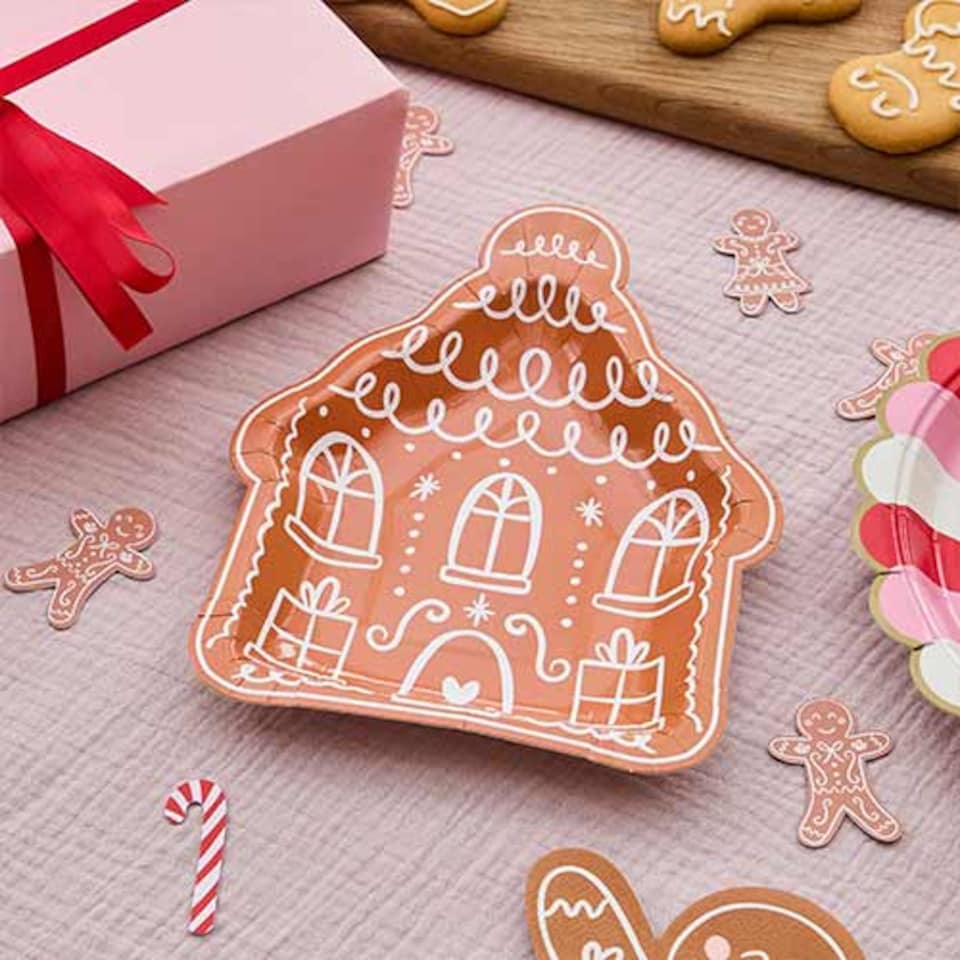 image 1 of Gingerbread House Shaped Christmas Paper Plates 21cm - Pack of 8