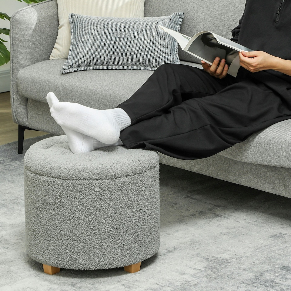 image 1 of HOMCOM 45cm Round Ottoman with Storage, Lid, Cashmere Footstool, Grey