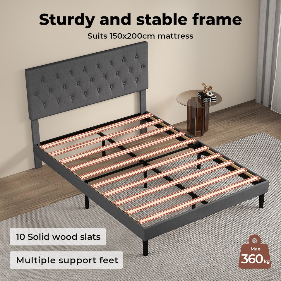 image 1 of Levede King Bed Frame Upholstered Linen Fabric Soft Foam Headboard Wooden Grey | Grey | Grey